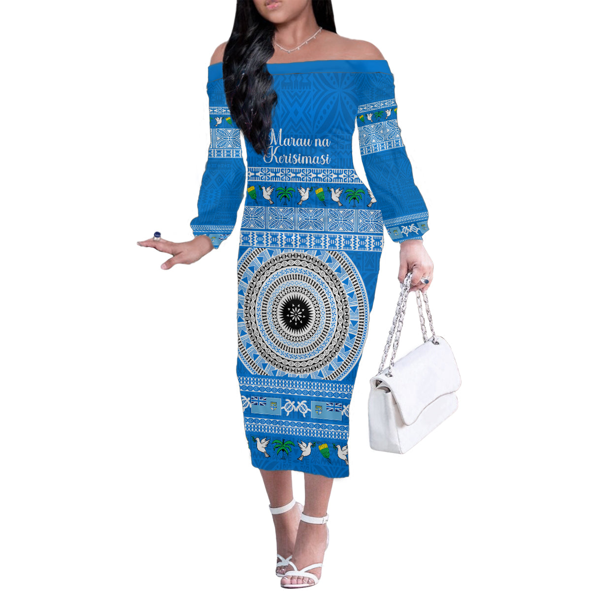 Personalised Fiji Marau Na Kerisimasi Family Matching Off Shoulder Long Sleeve Dress and Hawaiian Shirt Merry Christmas Tapa Pattern Blue Style - Wonder Print Shop
