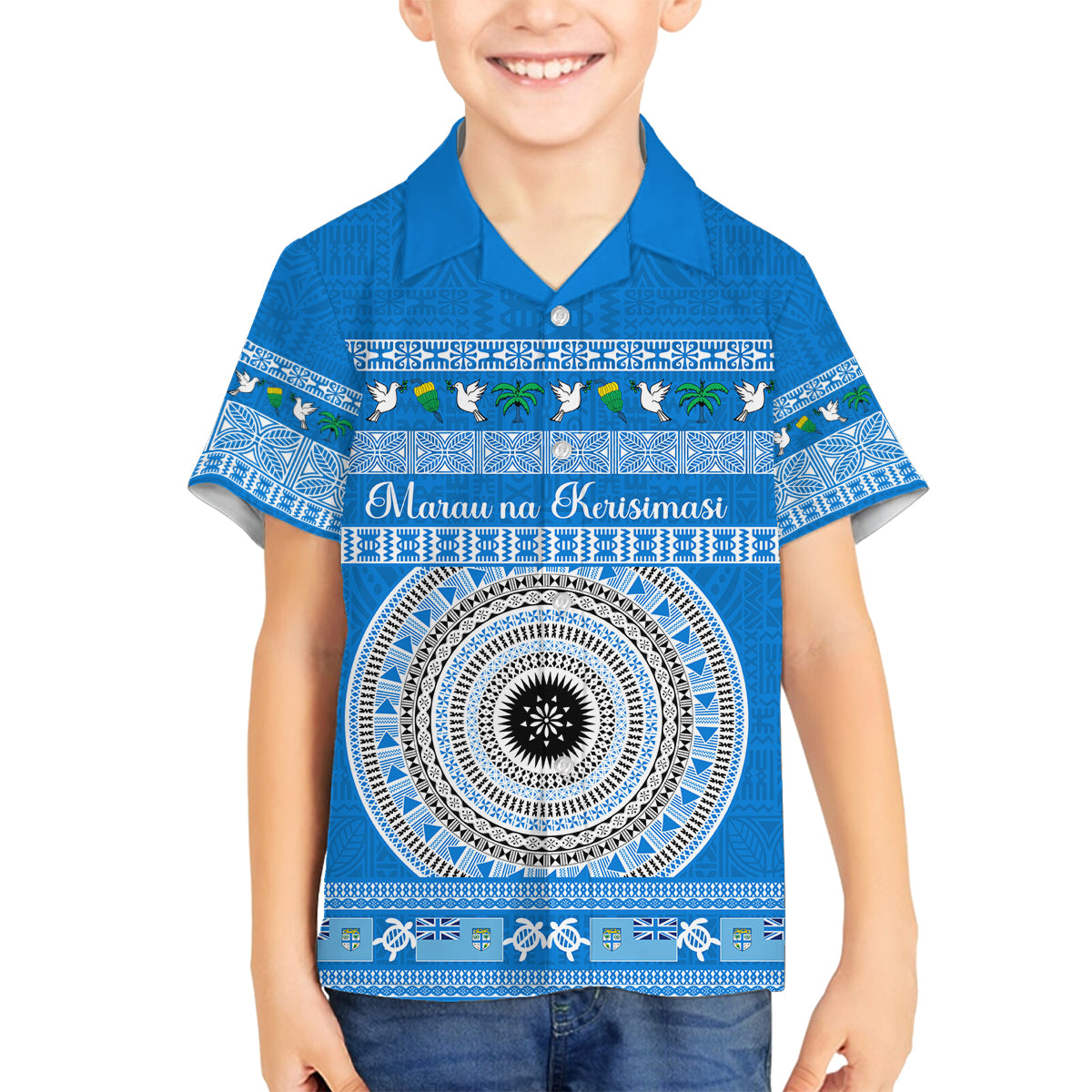 Personalised Fiji Marau Na Kerisimasi Family Matching Off Shoulder Long Sleeve Dress and Hawaiian Shirt Merry Christmas Tapa Pattern Blue Style - Wonder Print Shop