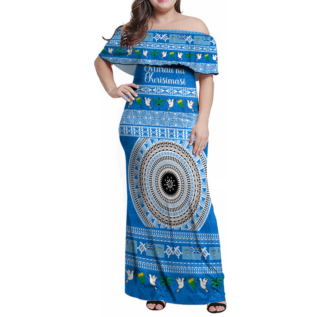 Personalised Fiji Marau Na Kerisimasi Family Matching Off Shoulder Maxi Dress and Hawaiian Shirt Merry Christmas Tapa Pattern Blue Style LT9 - Wonder Print Shop