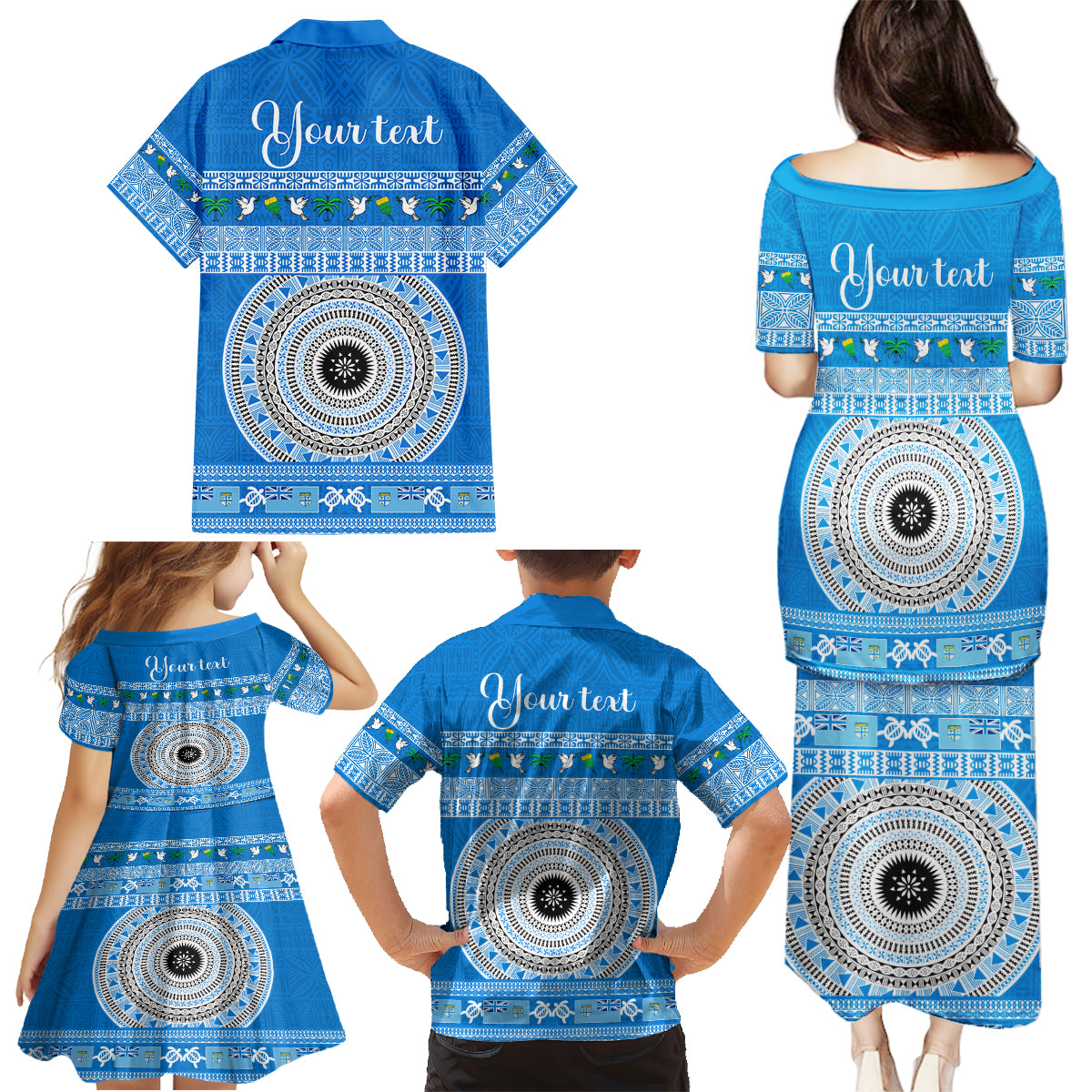 Personalised Fiji Marau Na Kerisimasi Family Matching Puletasi Dress and Hawaiian Shirt Merry Christmas Tapa Pattern Blue Style - Wonder Print Shop