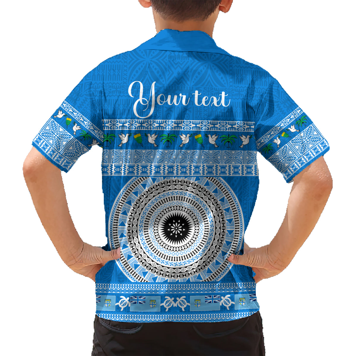 Personalised Fiji Marau Na Kerisimasi Family Matching Short Sleeve Bodycon Dress and Hawaiian Shirt Merry Christmas Tapa Pattern Blue Style - Wonder Print Shop