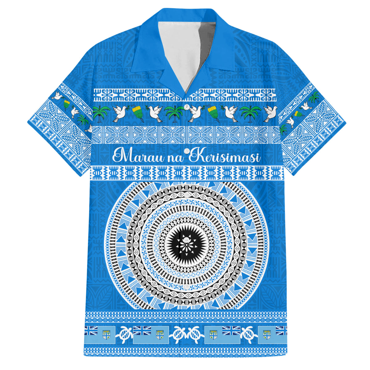 Personalised Fiji Marau Na Kerisimasi Family Matching Short Sleeve Bodycon Dress and Hawaiian Shirt Merry Christmas Tapa Pattern Blue Style - Wonder Print Shop
