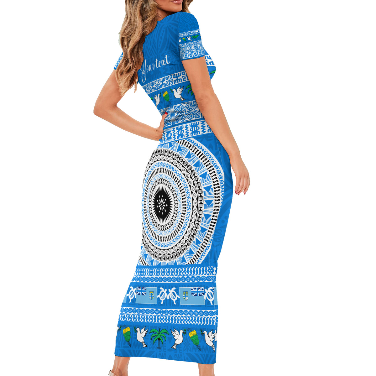 Personalised Fiji Marau Na Kerisimasi Family Matching Short Sleeve Bodycon Dress and Hawaiian Shirt Merry Christmas Tapa Pattern Blue Style - Wonder Print Shop