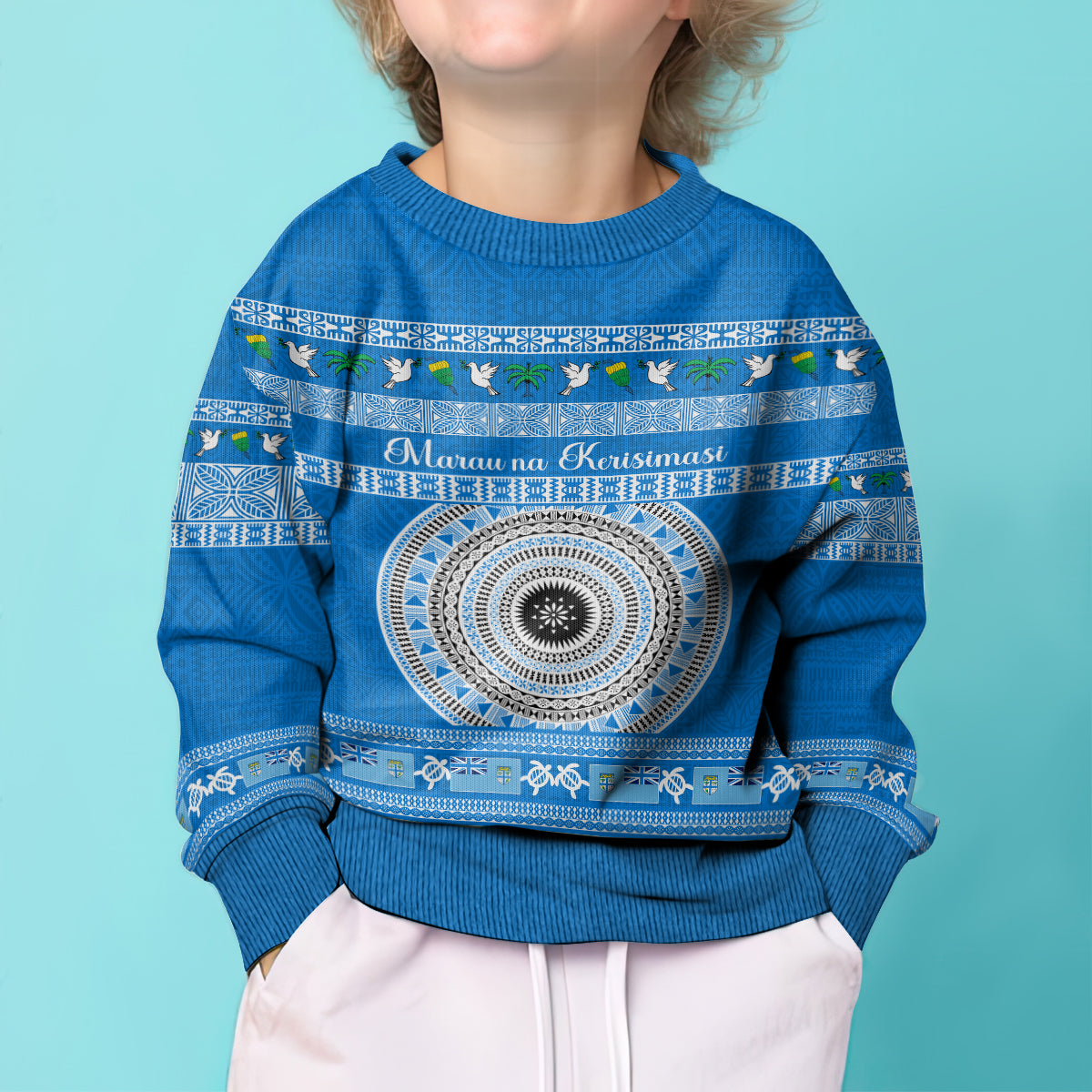 Personalised Fiji Marau Na Kerisimasi Kid Ugly Christmas Sweater Merry Christmas Tapa Pattern Blue Style - Wonder Print Shop