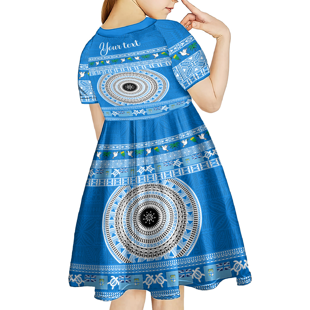 Personalised Fiji Marau Na Kerisimasi Kid Short Sleeve Dress Merry Christmas Tapa Pattern Blue Style - Wonder Print Shop