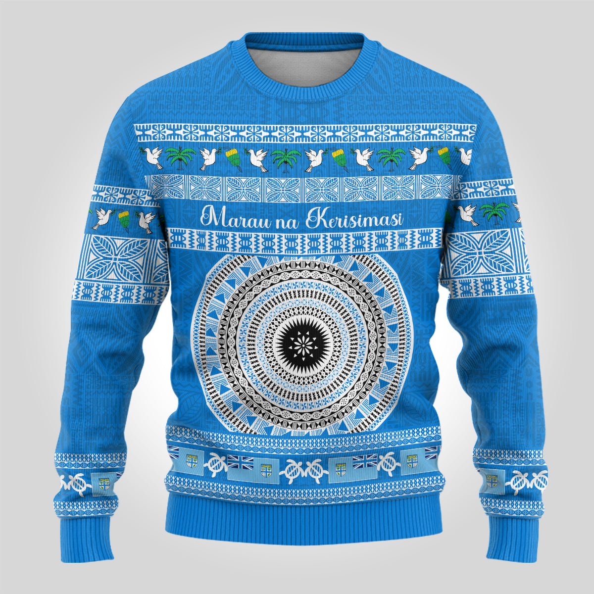 Personalised Fiji Marau Na Kerisimasi Ugly Christmas Sweater Merry Christmas Tapa Pattern Blue Style - Wonder Print Shop