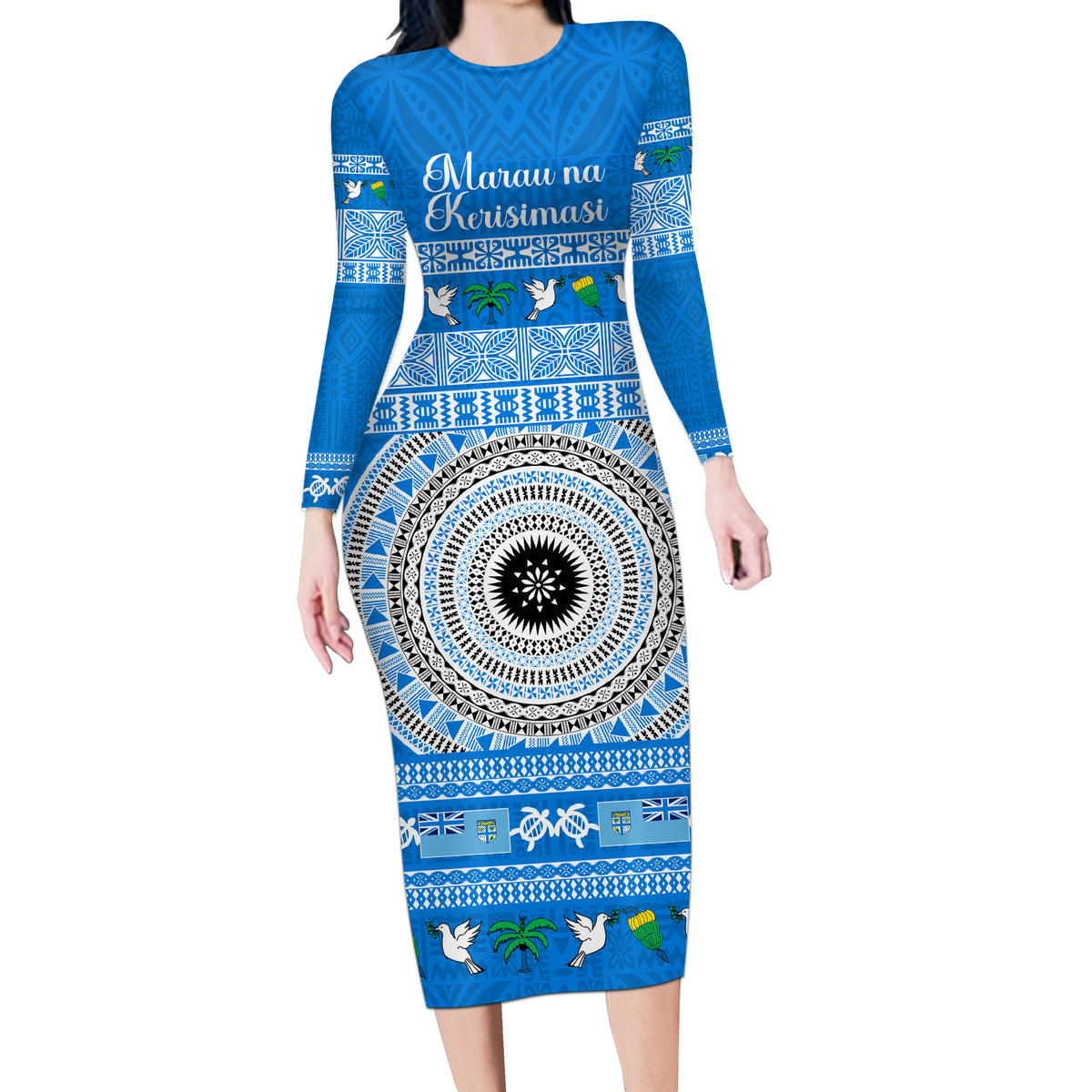 Personalised Fiji Marau Na Kerisimasi Long Sleeve Bodycon Dress Merry Christmas Tapa Pattern Blue Style - Wonder Print Shop