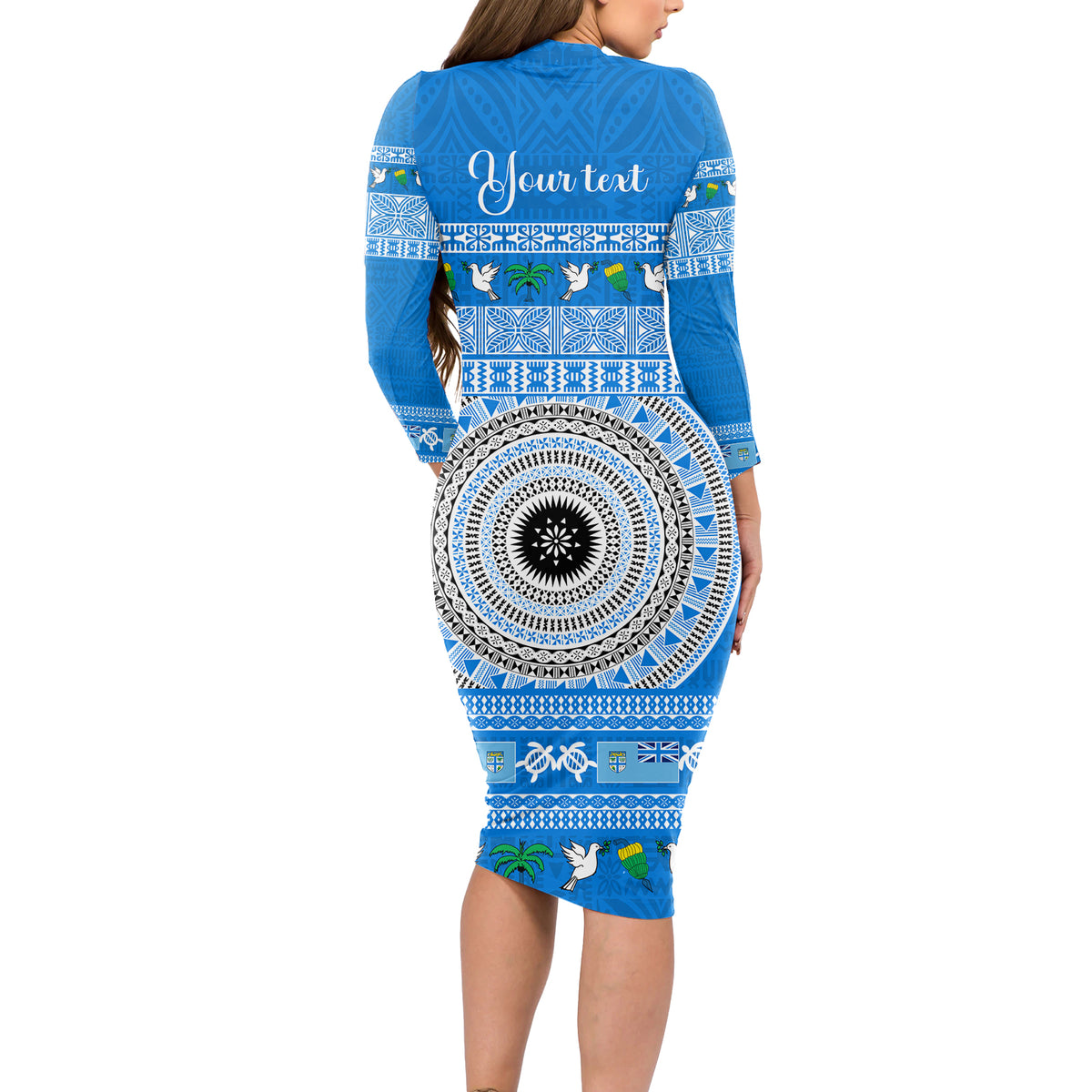 Personalised Fiji Marau Na Kerisimasi Long Sleeve Bodycon Dress Merry Christmas Tapa Pattern Blue Style - Wonder Print Shop