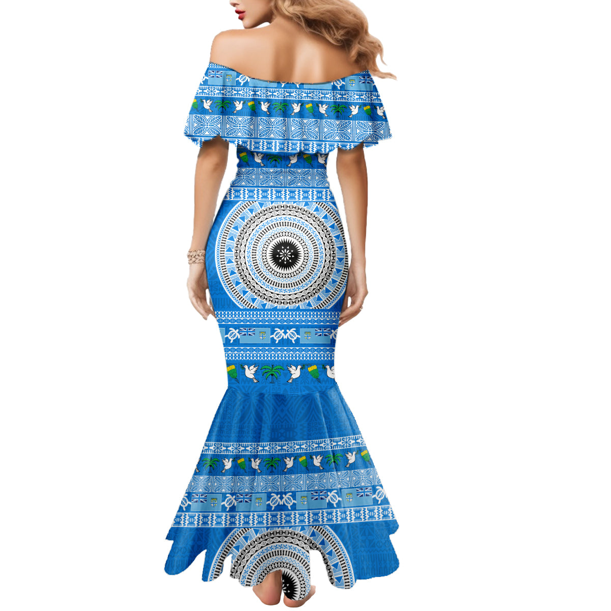 Personalised Fiji Marau Na Kerisimasi Mermaid Dress Merry Christmas Tapa Pattern Blue Style - Wonder Print Shop