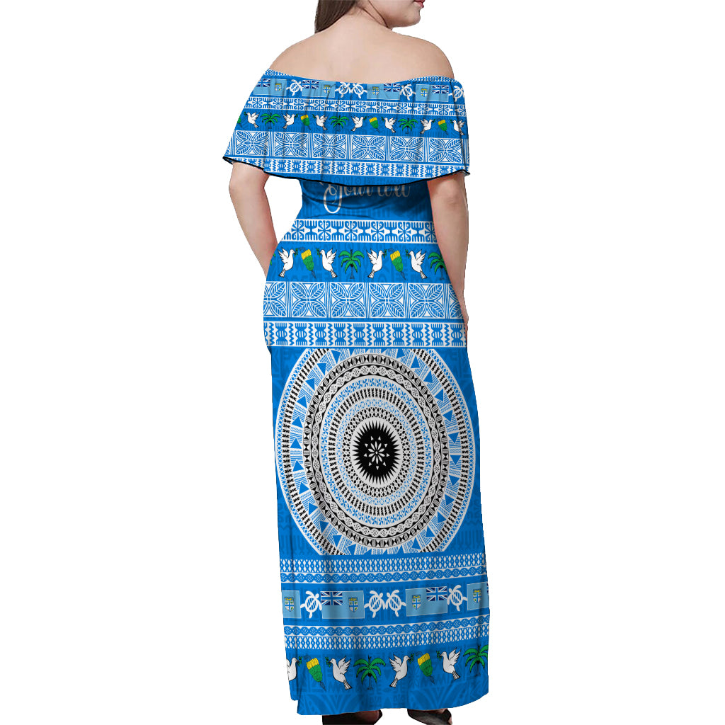 Personalised Fiji Marau Na Kerisimasi Off Shoulder Maxi Dress Merry Christmas Tapa Pattern Blue Style - Wonder Print Shop