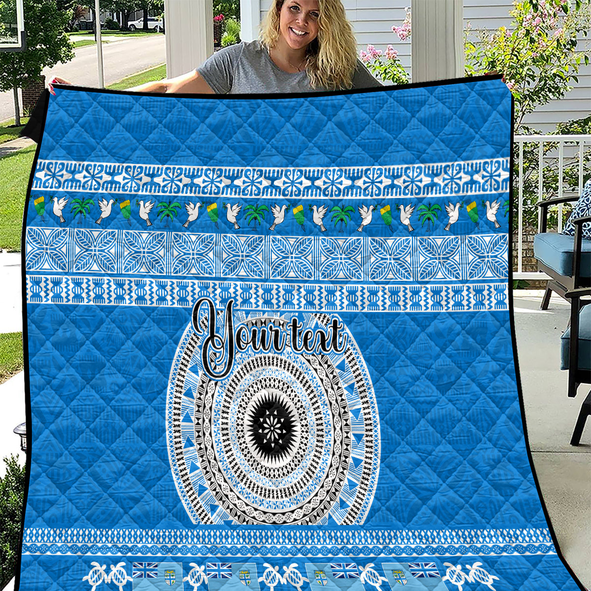 Personalised Fiji Marau Na Kerisimasi Quilt Merry Christmas Tapa Pattern Blue Style - Wonder Print Shop