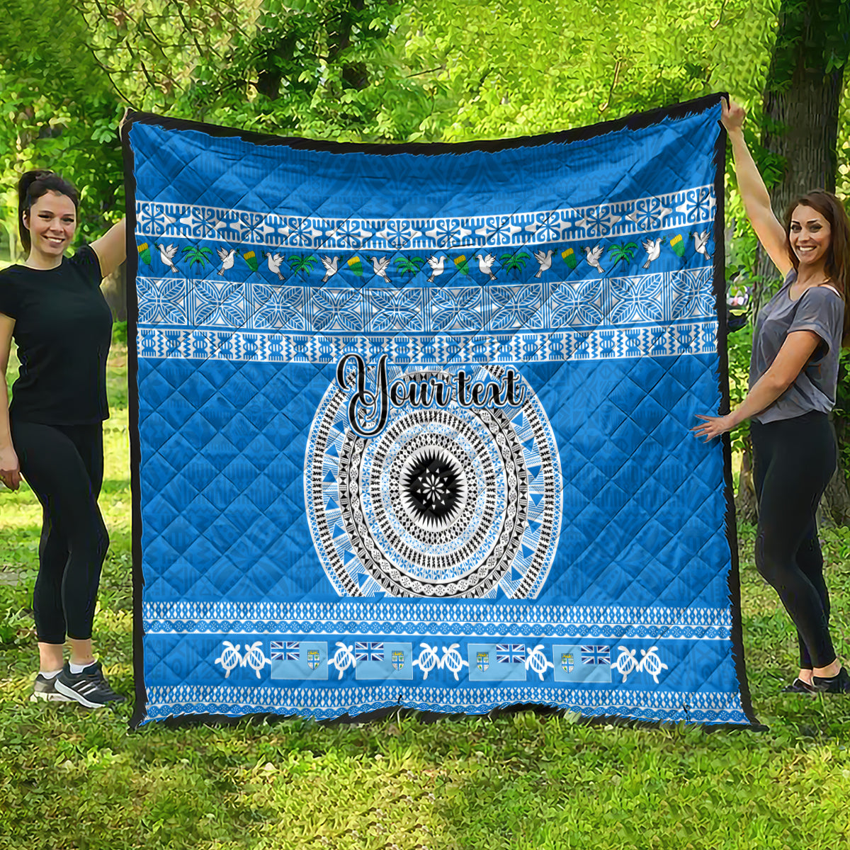 Personalised Fiji Marau Na Kerisimasi Quilt Merry Christmas Tapa Pattern Blue Style - Wonder Print Shop