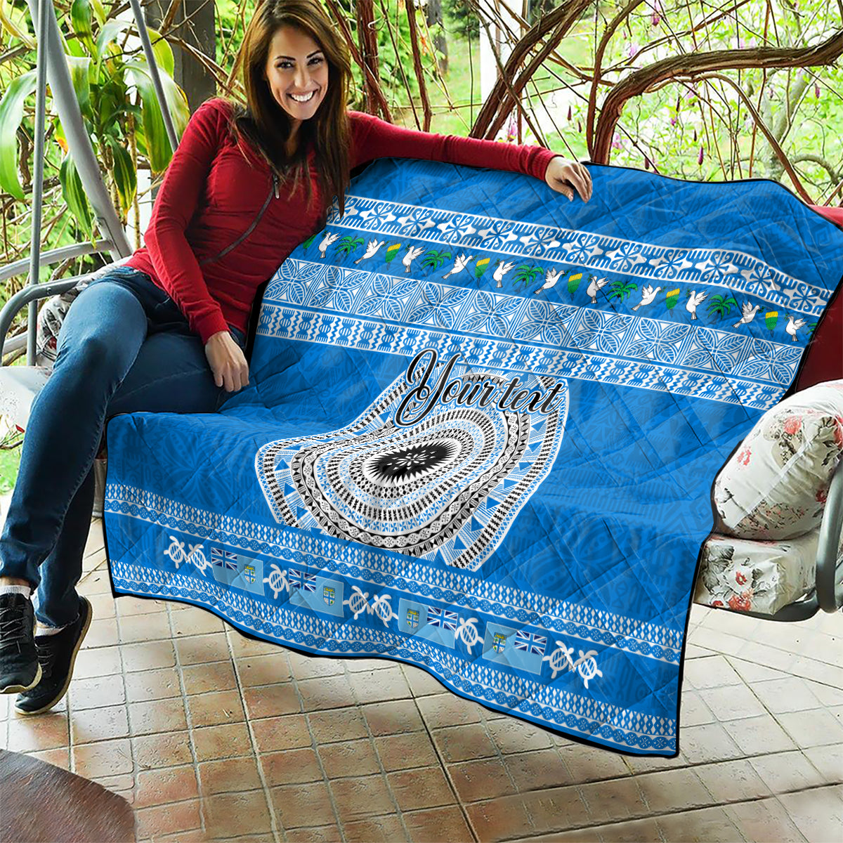 Personalised Fiji Marau Na Kerisimasi Quilt Merry Christmas Tapa Pattern Blue Style - Wonder Print Shop
