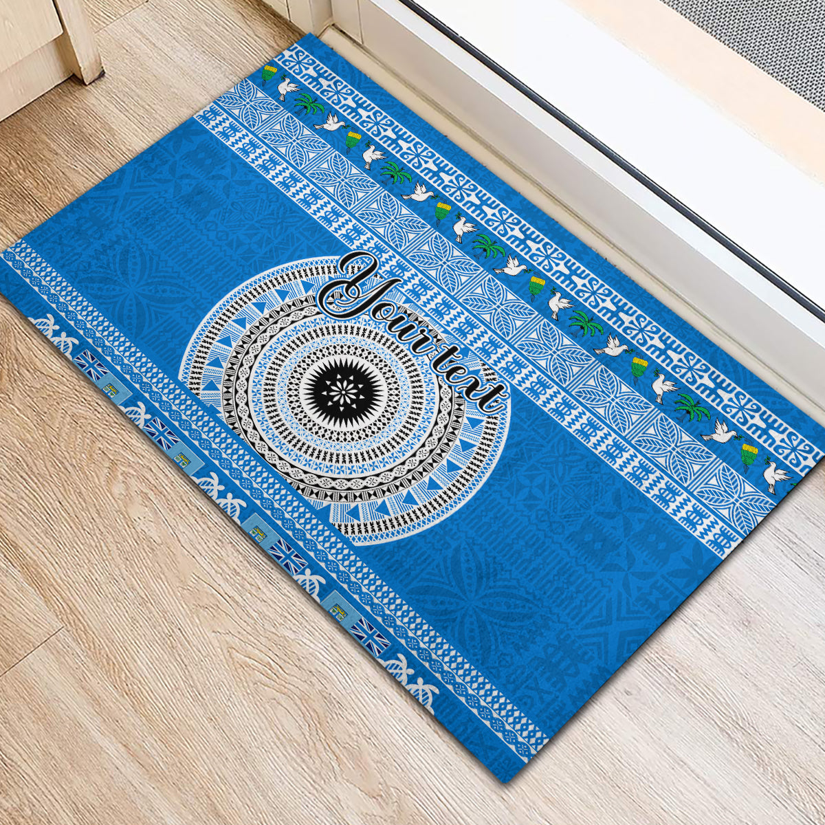 Personalised Fiji Marau Na Kerisimasi Rubber Doormat Merry Christmas Tapa Pattern Blue Style - Wonder Print Shop