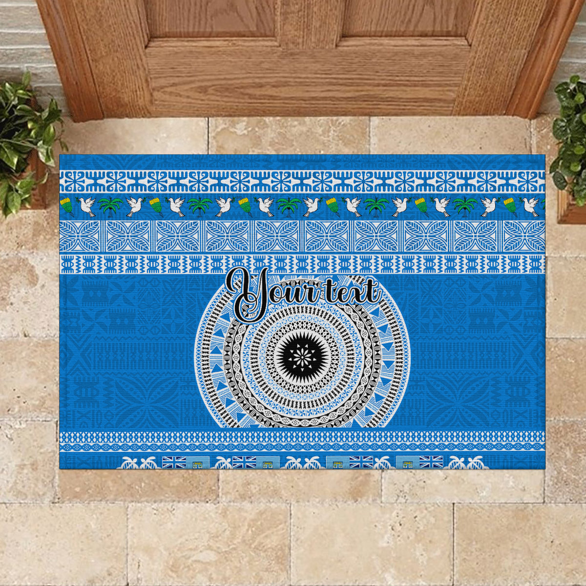 Personalised Fiji Marau Na Kerisimasi Rubber Doormat Merry Christmas Tapa Pattern Blue Style - Wonder Print Shop