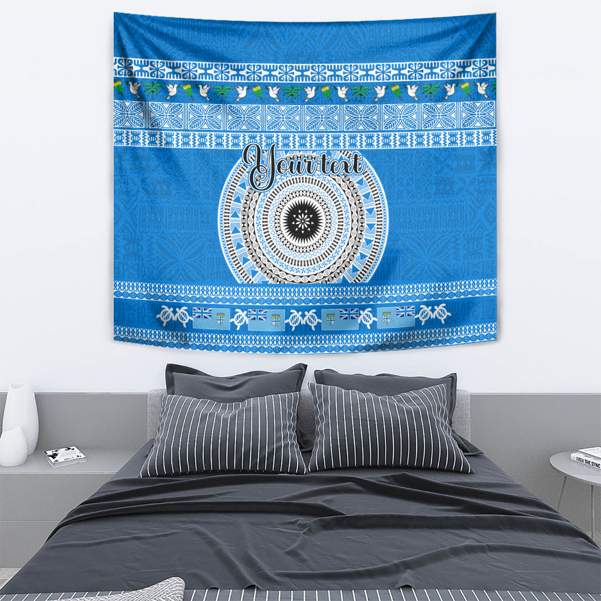 Personalised Fiji Marau Na Kerisimasi Tapestry Merry Christmas Tapa Pattern Blue Style - Wonder Print Shop