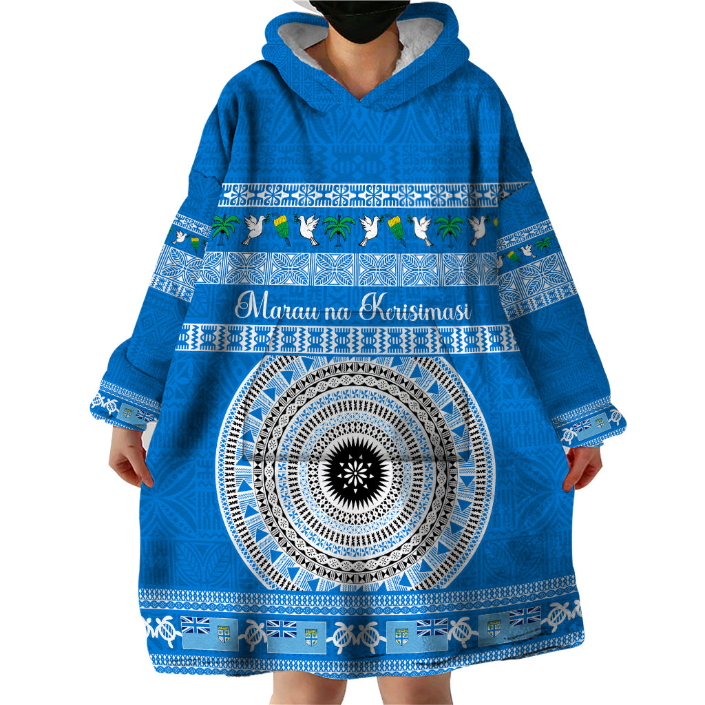 Personalised Fiji Marau Na Kerisimasi Wearable Blanket Hoodie Merry Christmas Tapa Pattern Blue Style - Wonder Print Shop