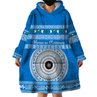 Personalised Fiji Marau Na Kerisimasi Wearable Blanket Hoodie Merry Christmas Tapa Pattern Blue Style - Wonder Print Shop