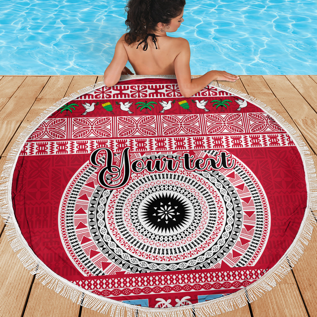 Personalised Fiji Marau Na Kerisimasi Beach Blanket Merry Christmas Tapa Pattern Red Style LT9 - Wonder Print Shop