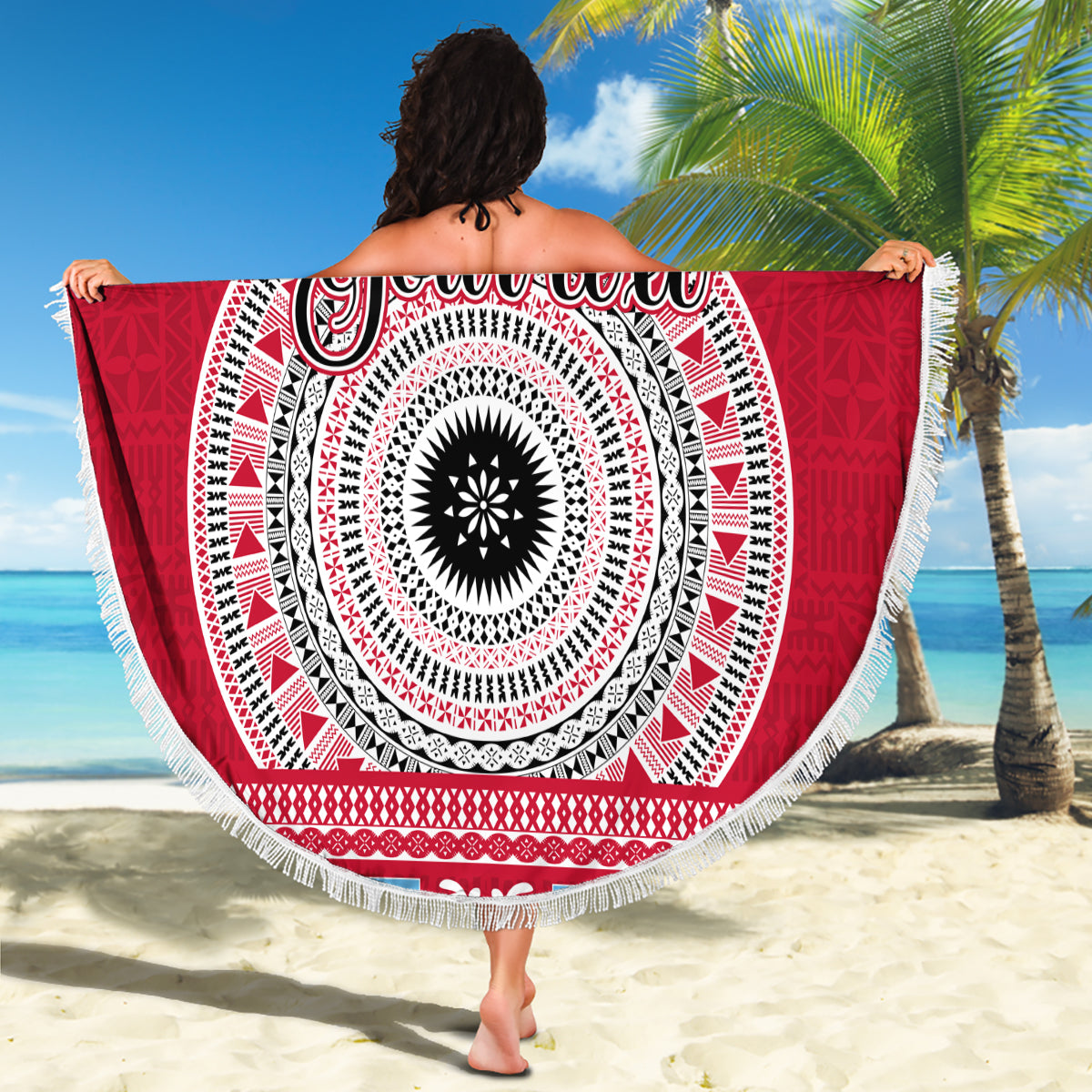 Personalised Fiji Marau Na Kerisimasi Beach Blanket Merry Christmas Tapa Pattern Red Style LT9 - Wonder Print Shop