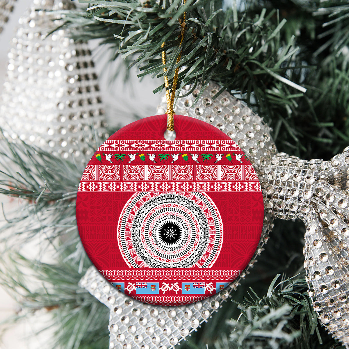 Personalised Fiji Marau Na Kerisimasi Ceramic Ornament Merry Christmas Tapa Pattern Red Style LT9 - Wonder Print Shop