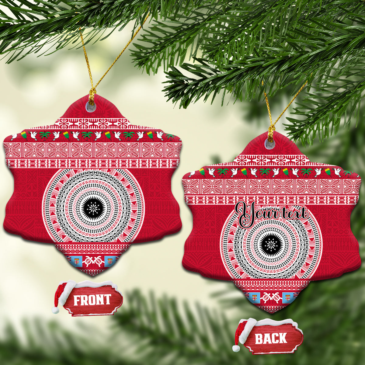 Personalised Fiji Marau Na Kerisimasi Ceramic Ornament Merry Christmas Tapa Pattern Red Style LT9 - Wonder Print Shop