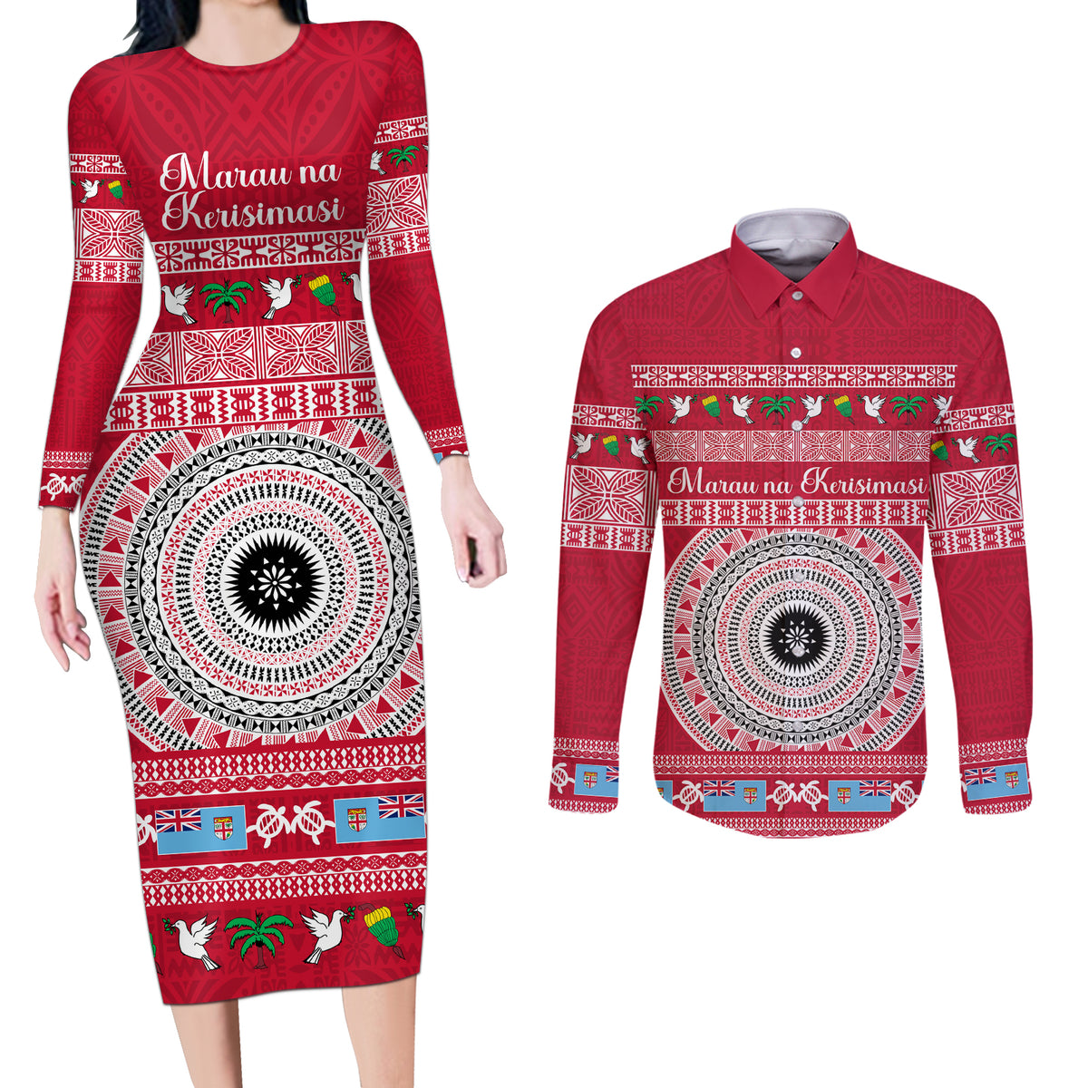 Personalised Fiji Marau Na Kerisimasi Couples Matching Long Sleeve Bodycon Dress and Long Sleeve Button Shirt Merry Christmas Tapa Pattern Red Style LT9 - Wonder Print Shop