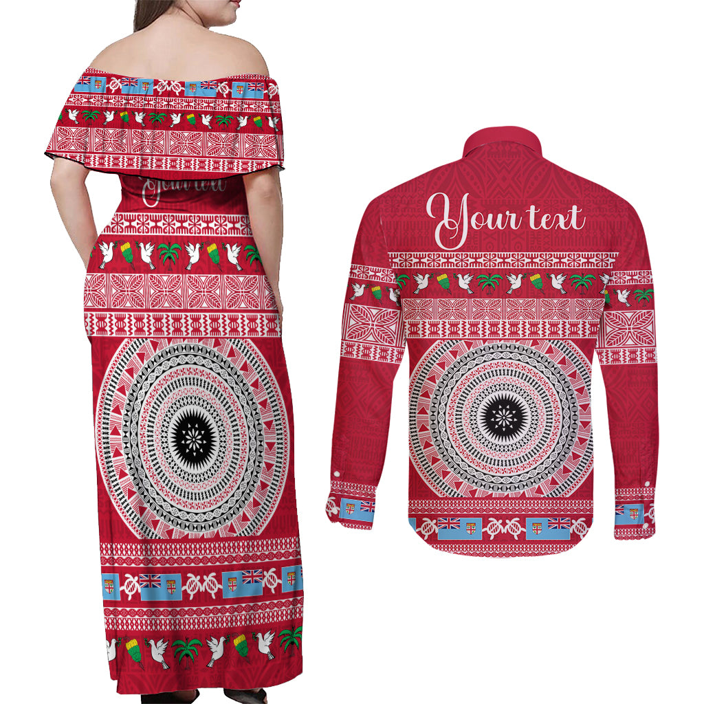 Personalised Fiji Marau Na Kerisimasi Couples Matching Off Shoulder Maxi Dress and Long Sleeve Button Shirt Merry Christmas Tapa Pattern Red Style LT9 - Wonder Print Shop