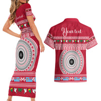 Personalised Fiji Marau Na Kerisimasi Couples Matching Short Sleeve Bodycon Dress and Hawaiian Shirt Merry Christmas Tapa Pattern Red Style LT9 - Wonder Print Shop
