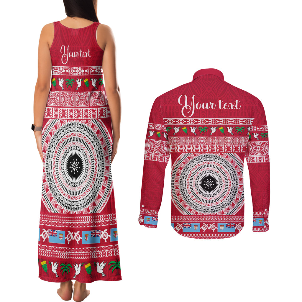Personalised Fiji Marau Na Kerisimasi Couples Matching Tank Maxi Dress and Long Sleeve Button Shirt Merry Christmas Tapa Pattern Red Style LT9 - Wonder Print Shop