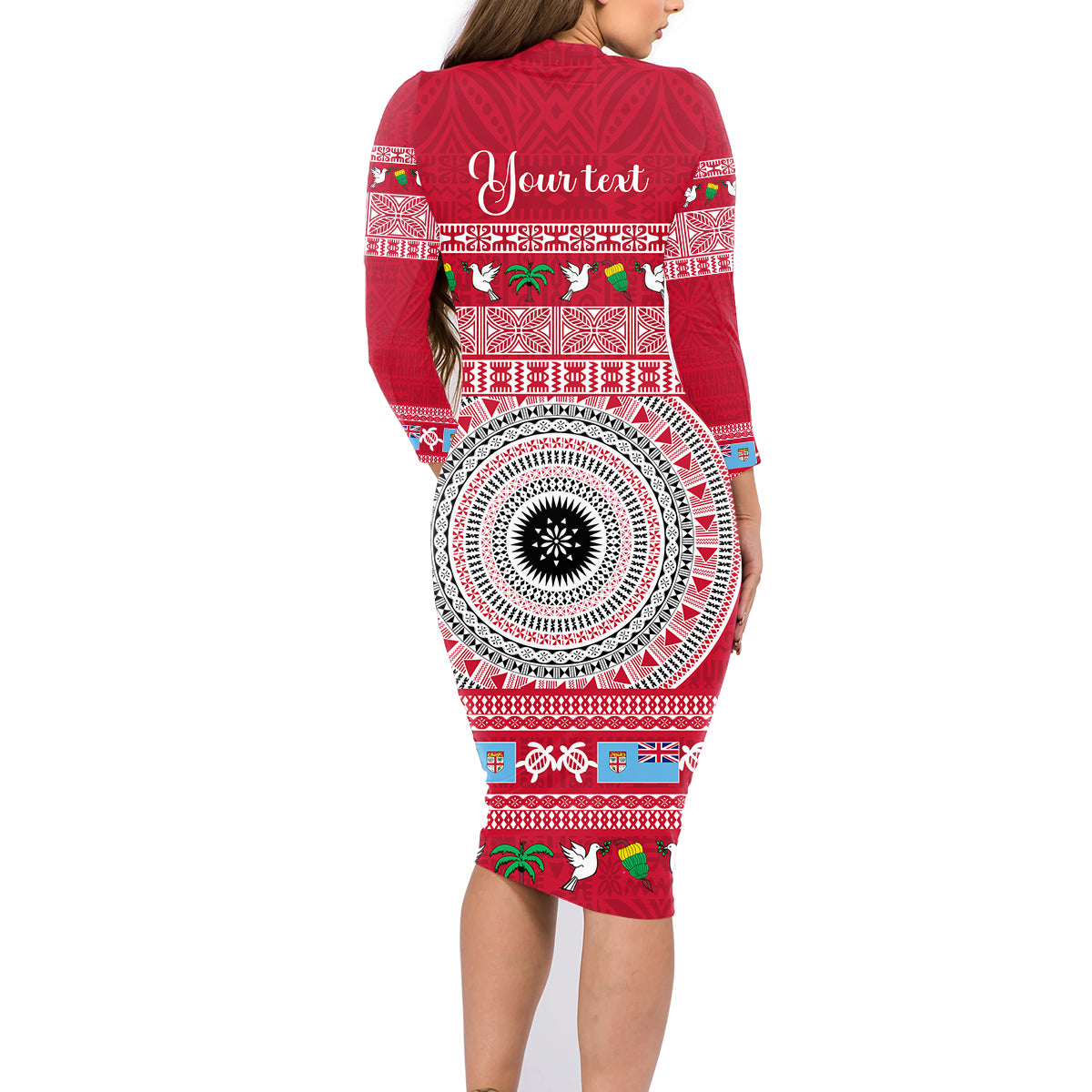 Personalised Fiji Marau Na Kerisimasi Family Matching Long Sleeve Bodycon Dress and Hawaiian Shirt Merry Christmas Tapa Pattern Red Style LT9 - Wonder Print Shop