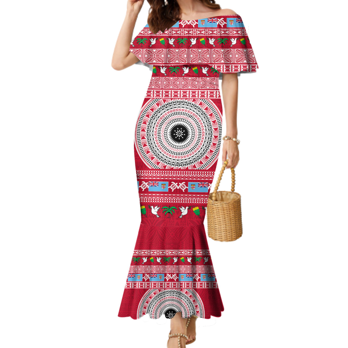 Personalised Fiji Marau Na Kerisimasi Family Matching Mermaid Dress and Hawaiian Shirt Merry Christmas Tapa Pattern Red Style LT9 - Wonder Print Shop