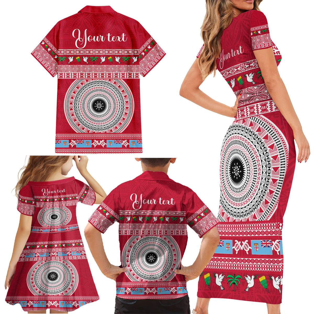 Personalised Fiji Marau Na Kerisimasi Family Matching Short Sleeve Bodycon Dress and Hawaiian Shirt Merry Christmas Tapa Pattern Red Style - Wonder Print Shop