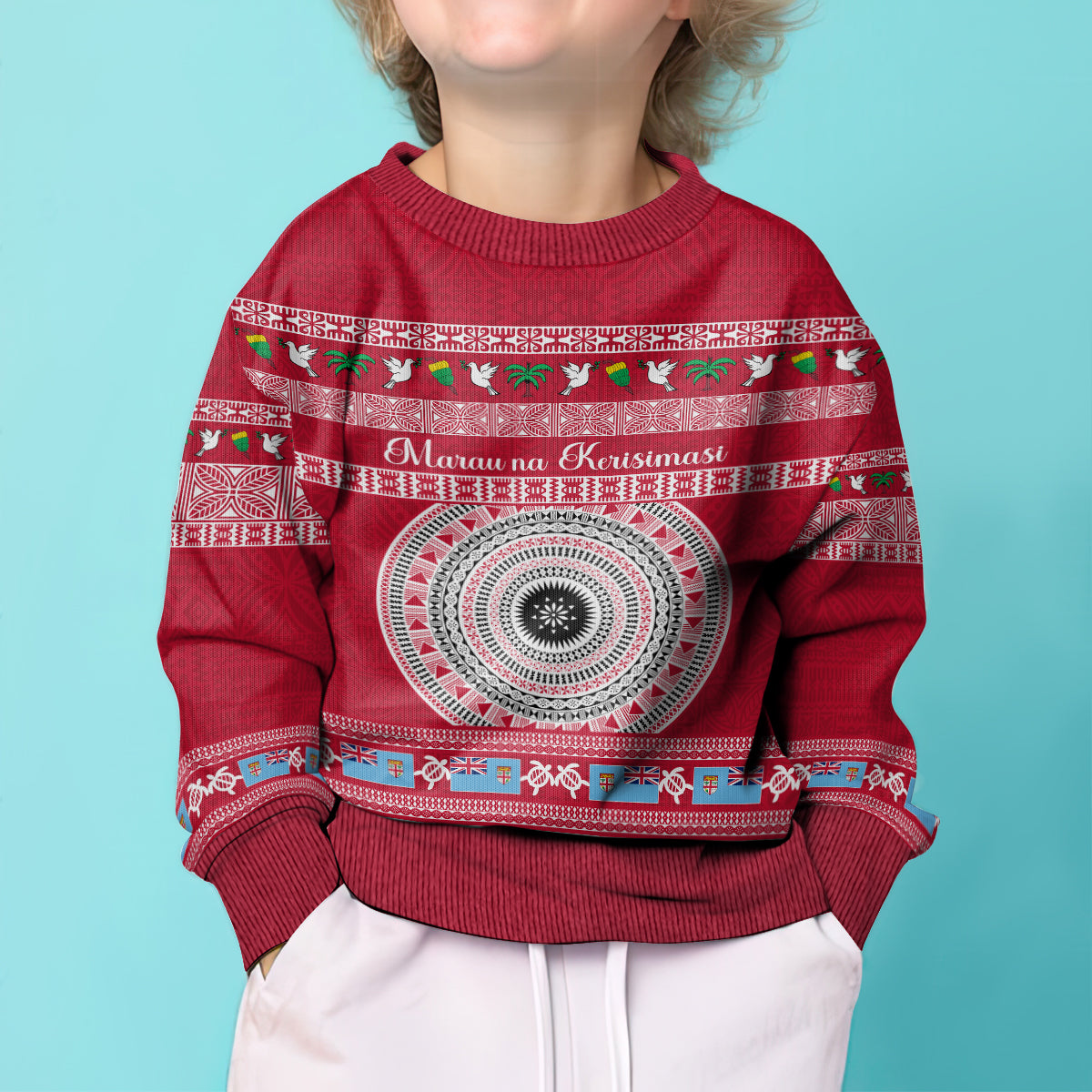 Personalised Fiji Marau Na Kerisimasi Kid Ugly Christmas Sweater Merry Christmas Tapa Pattern Red Style - Wonder Print Shop