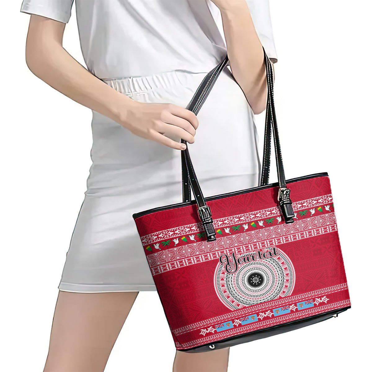 Personalised Fiji Marau Na Kerisimasi Leather Tote Bag Merry Christmas Tapa Pattern Red Style - Wonder Print Shop
