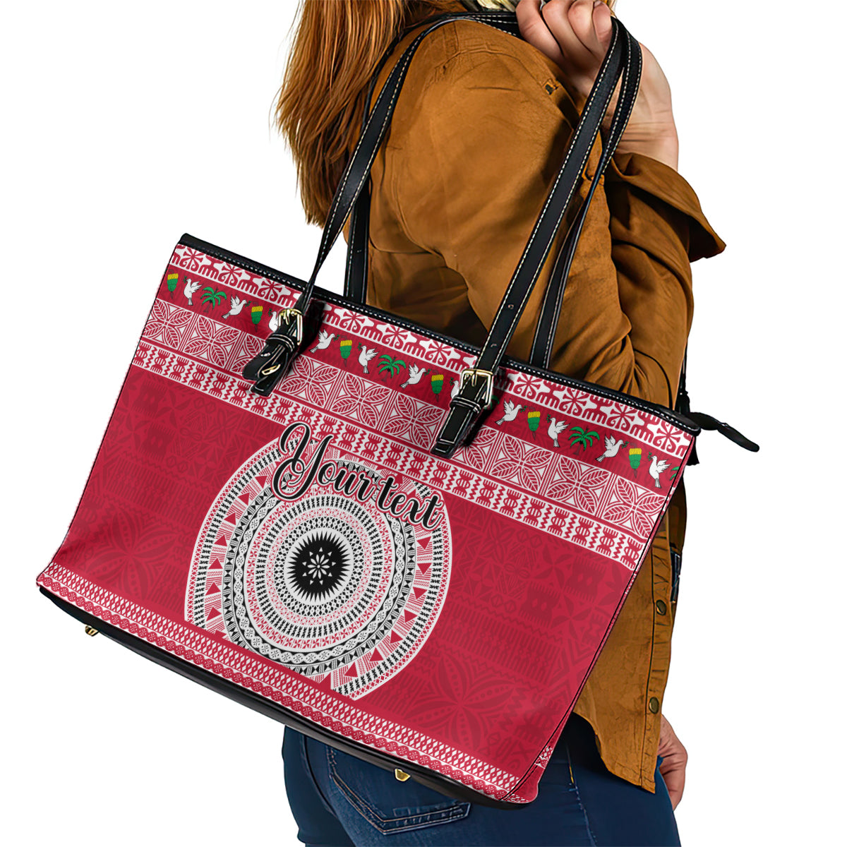 Personalised Fiji Marau Na Kerisimasi Leather Tote Bag Merry Christmas Tapa Pattern Red Style - Wonder Print Shop