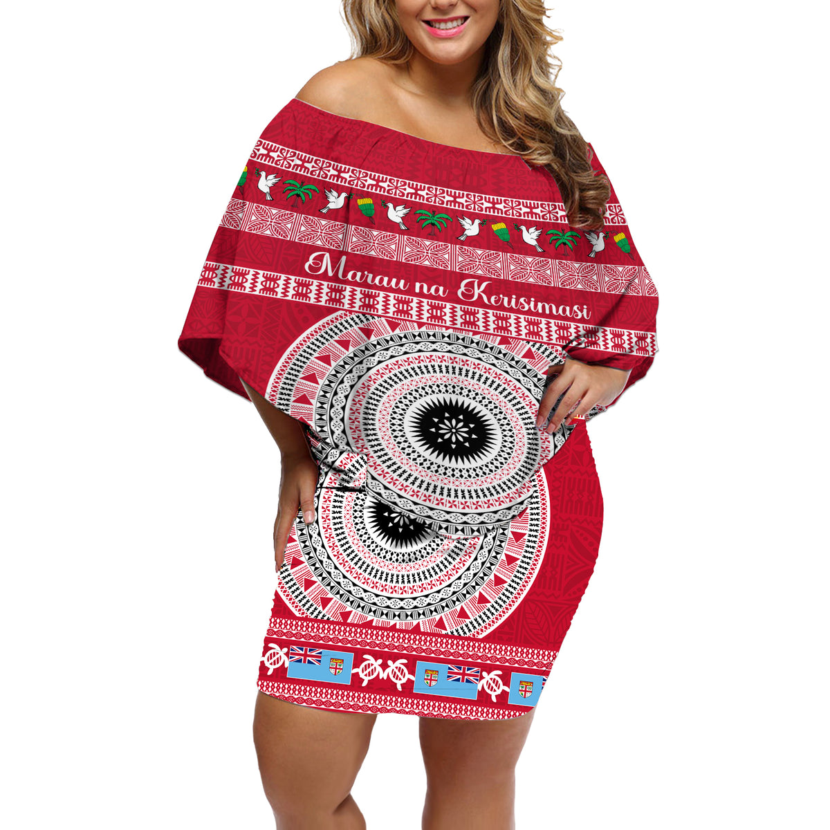 Personalised Fiji Marau Na Kerisimasi Off Shoulder Short Dress Merry Christmas Tapa Pattern Red Style - Wonder Print Shop