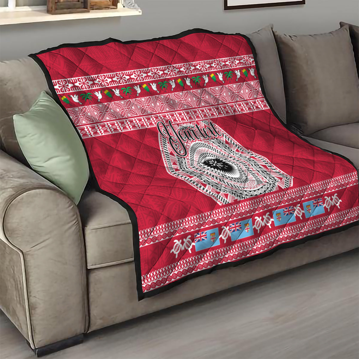 Personalised Fiji Marau Na Kerisimasi Quilt Merry Christmas Tapa Pattern Red Style - Wonder Print Shop