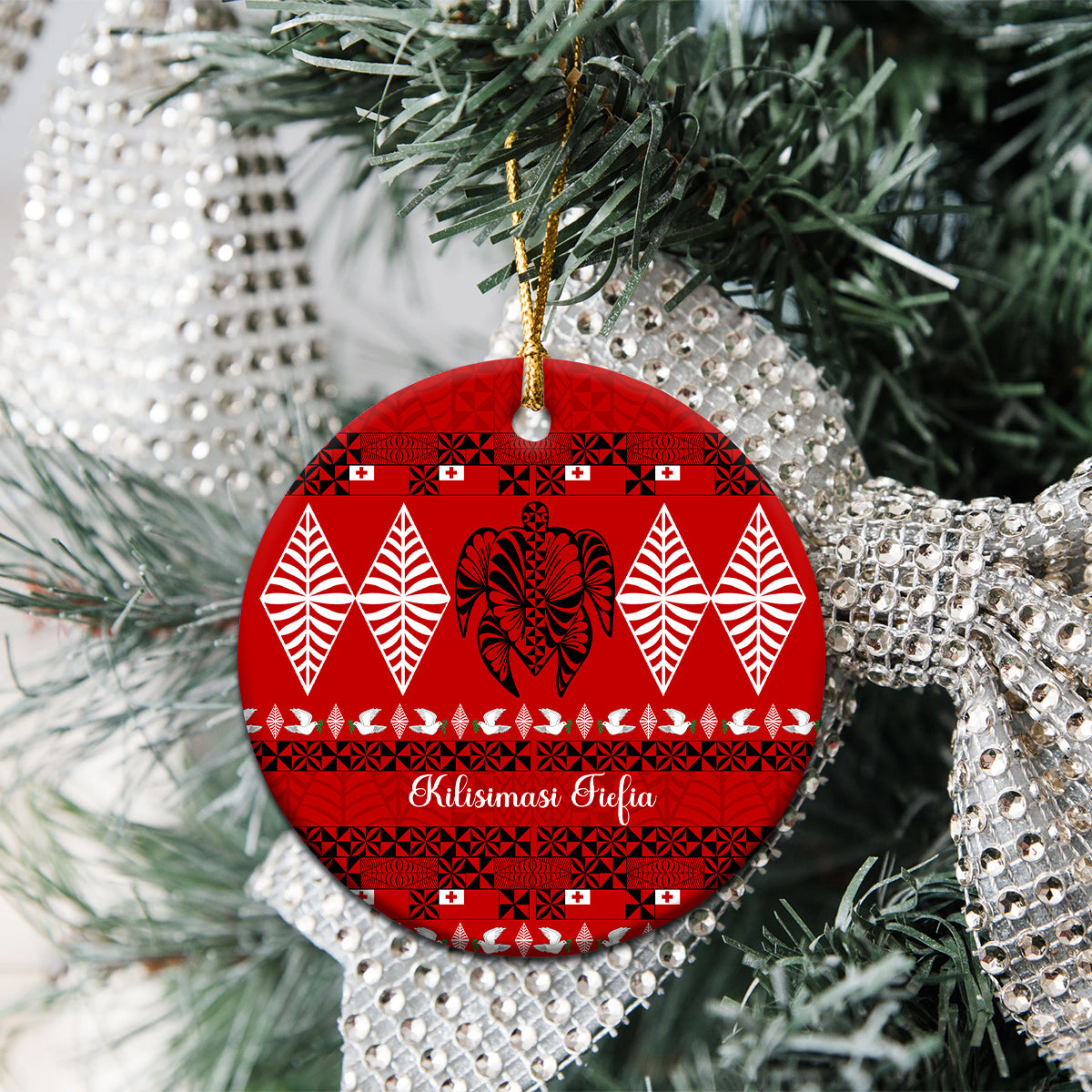 Personalised Tonga Kilisimasi Fiefia Ceramic Ornament Merry Christmas with Turtle Ngatu Pattern LT9 - Wonder Print Shop