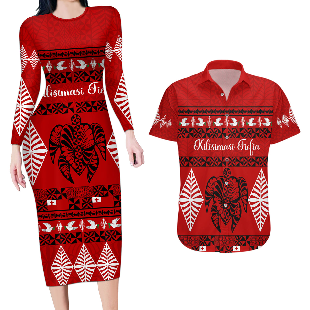 Personalised Tonga Kilisimasi Fiefia Couples Matching Long Sleeve Bodycon Dress and Hawaiian Shirt Merry Christmas with Turtle Ngatu Pattern LT9 - Wonder Print Shop