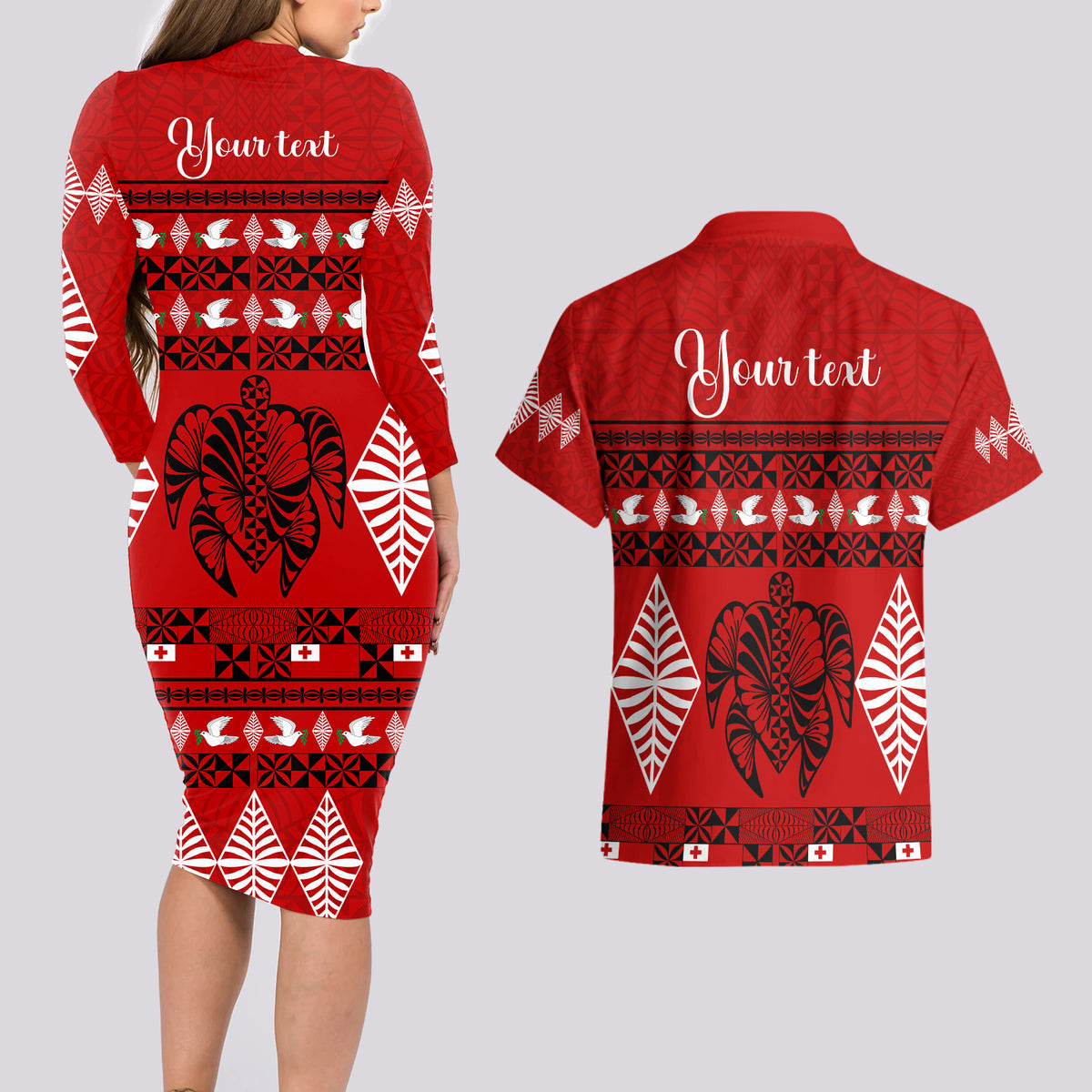 Personalised Tonga Kilisimasi Fiefia Couples Matching Long Sleeve Bodycon Dress and Hawaiian Shirt Merry Christmas with Turtle Ngatu Pattern LT9 - Wonder Print Shop
