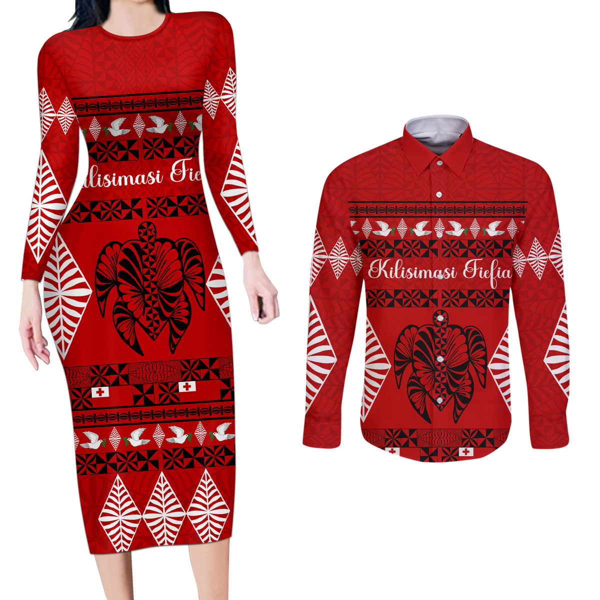 Personalised Tonga Kilisimasi Fiefia Couples Matching Long Sleeve Bodycon Dress and Long Sleeve Button Shirt Merry Christmas with Turtle Ngatu Pattern LT9 - Wonder Print Shop