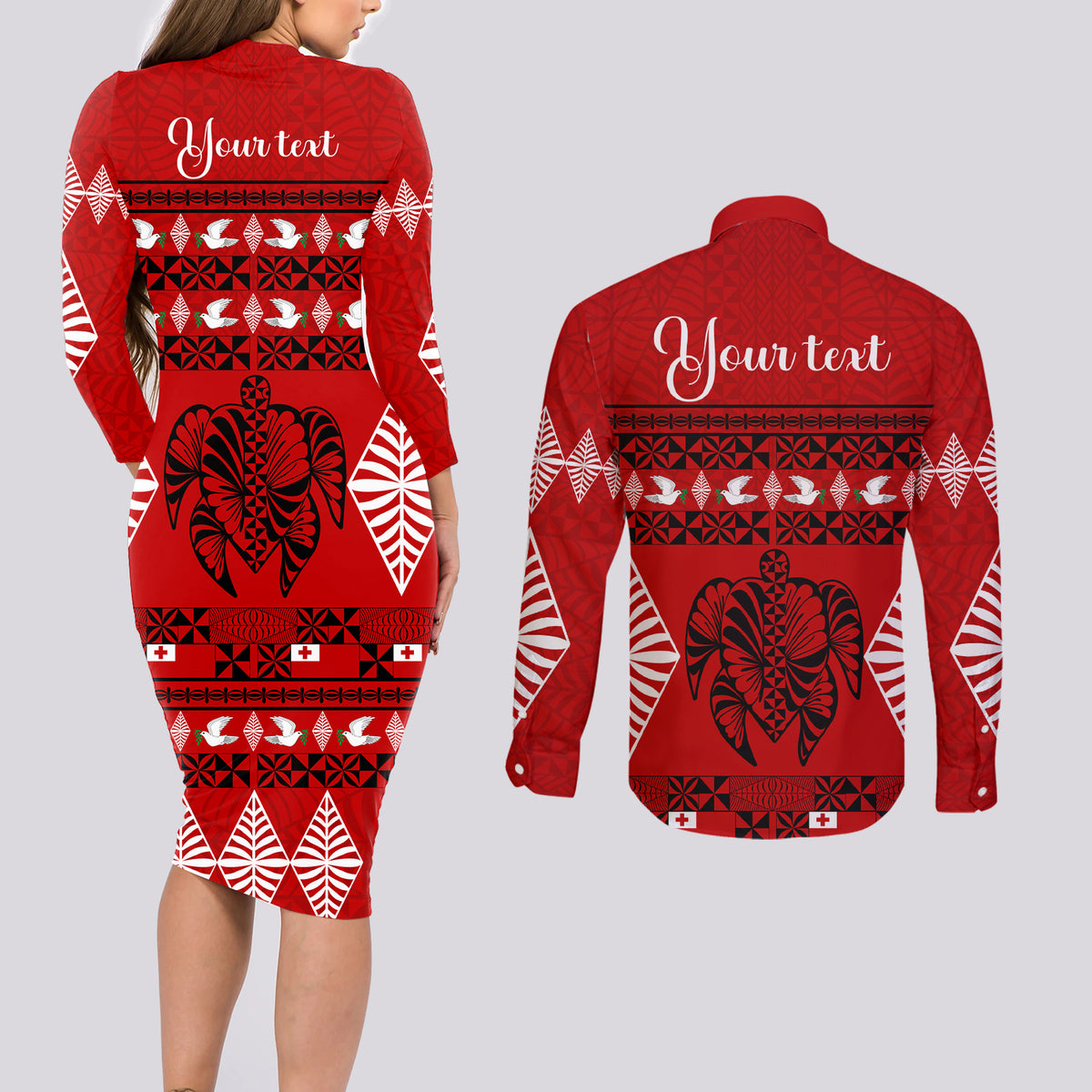 Personalised Tonga Kilisimasi Fiefia Couples Matching Long Sleeve Bodycon Dress and Long Sleeve Button Shirt Merry Christmas with Turtle Ngatu Pattern LT9 - Wonder Print Shop