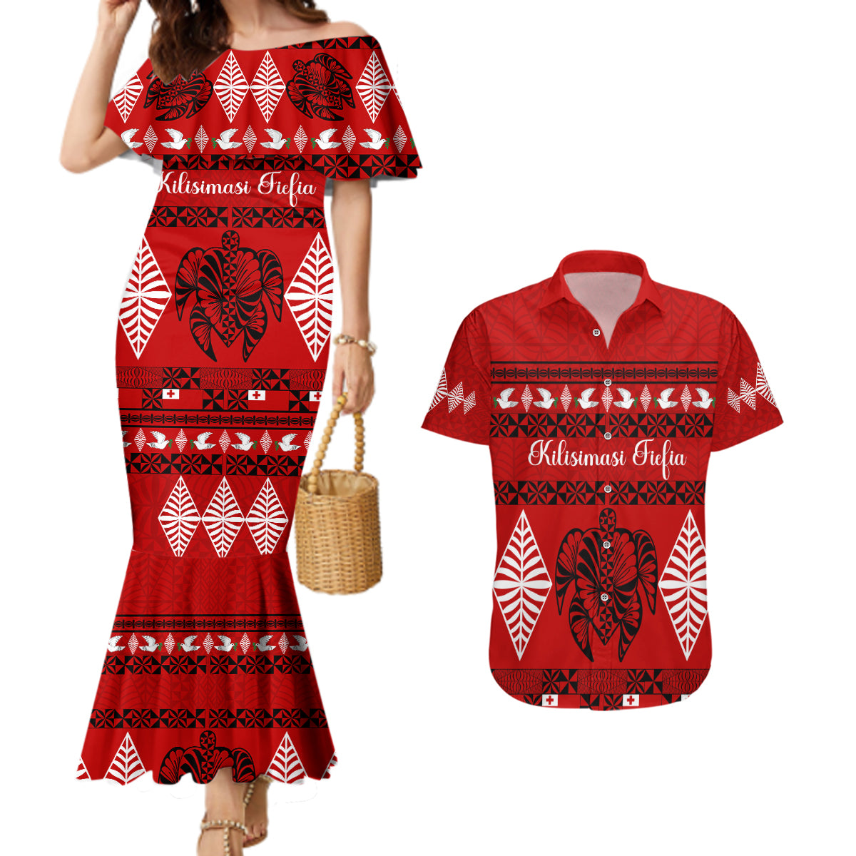 Personalised Tonga Kilisimasi Fiefia Couples Matching Mermaid Dress and Hawaiian Shirt Merry Christmas with Turtle Ngatu Pattern LT9 - Wonder Print Shop