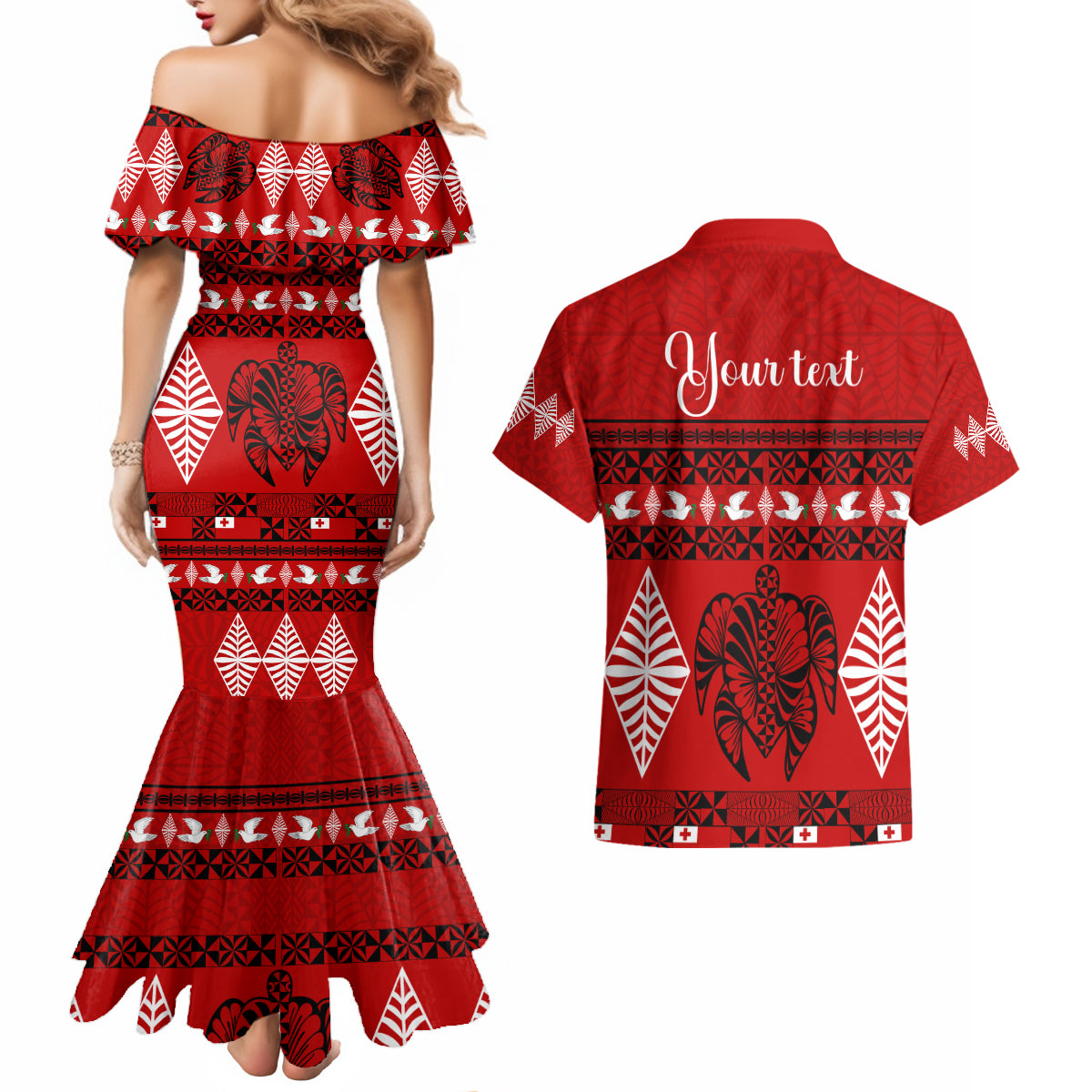 Personalised Tonga Kilisimasi Fiefia Couples Matching Mermaid Dress and Hawaiian Shirt Merry Christmas with Turtle Ngatu Pattern LT9 - Wonder Print Shop