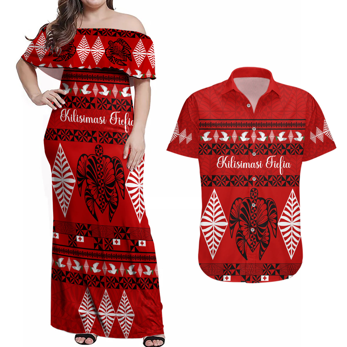 Personalised Tonga Kilisimasi Fiefia Couples Matching Off Shoulder Maxi Dress and Hawaiian Shirt Merry Christmas with Turtle Ngatu Pattern LT9 - Wonder Print Shop