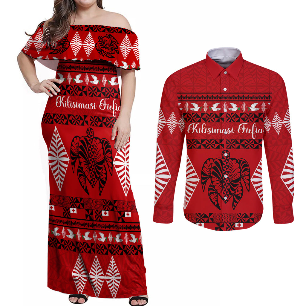 Personalised Tonga Kilisimasi Fiefia Couples Matching Off Shoulder Maxi Dress and Long Sleeve Button Shirt Merry Christmas with Turtle Ngatu Pattern LT9 - Wonder Print Shop