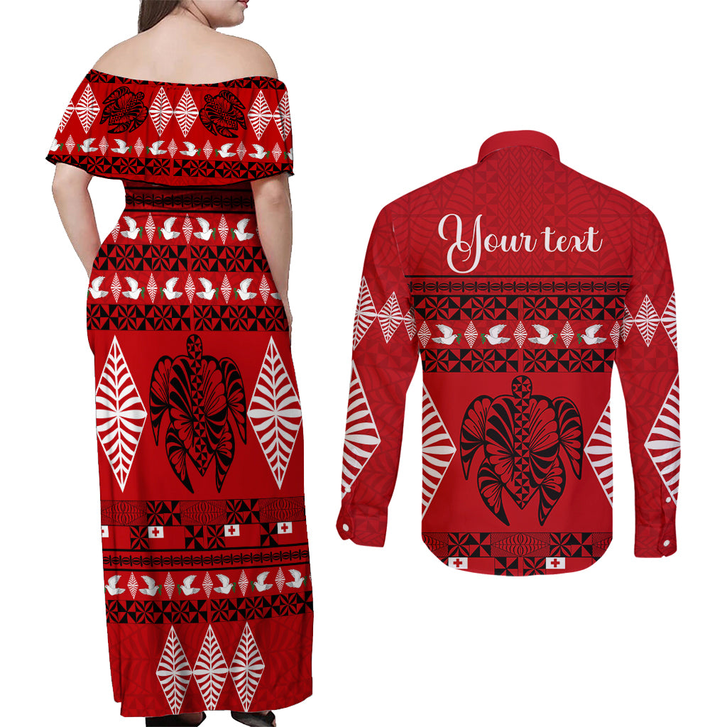 Personalised Tonga Kilisimasi Fiefia Couples Matching Off Shoulder Maxi Dress and Long Sleeve Button Shirt Merry Christmas with Turtle Ngatu Pattern LT9 - Wonder Print Shop