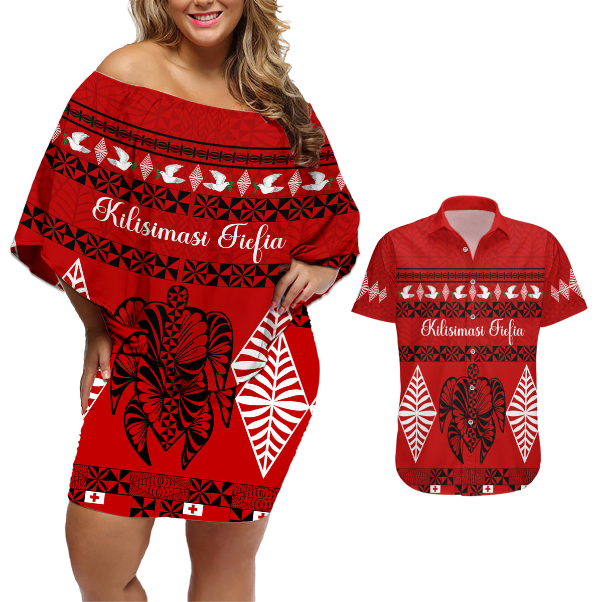 Personalised Tonga Kilisimasi Fiefia Couples Matching Off Shoulder Short Dress and Hawaiian Shirt Merry Christmas with Turtle Ngatu Pattern LT9 - Wonder Print Shop
