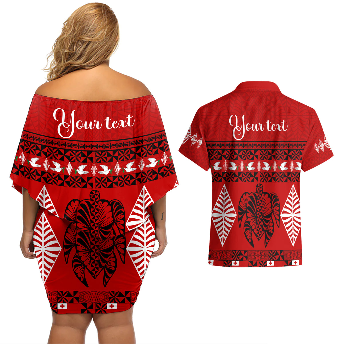Personalised Tonga Kilisimasi Fiefia Couples Matching Off Shoulder Short Dress and Hawaiian Shirt Merry Christmas with Turtle Ngatu Pattern LT9 - Wonder Print Shop